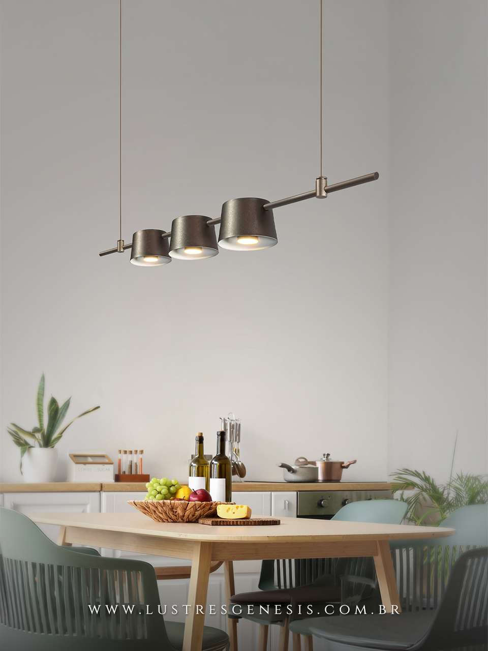 Pendente de Teto Nina B3 Aluminio LED Integrado Lustre para Mesa de Jantar, Balcao de Cozinha, Bancada Area Gourmet e Quarto Casal